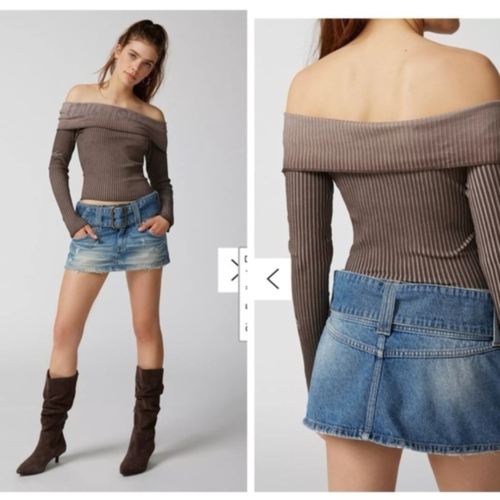 Y2K 90’s Off the Shoulder Top M Streach Grunge Brown